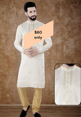 Men's White with Gold Sequin Kurta set - MIRASILKS Men's White with Gold Sequin Kurta set